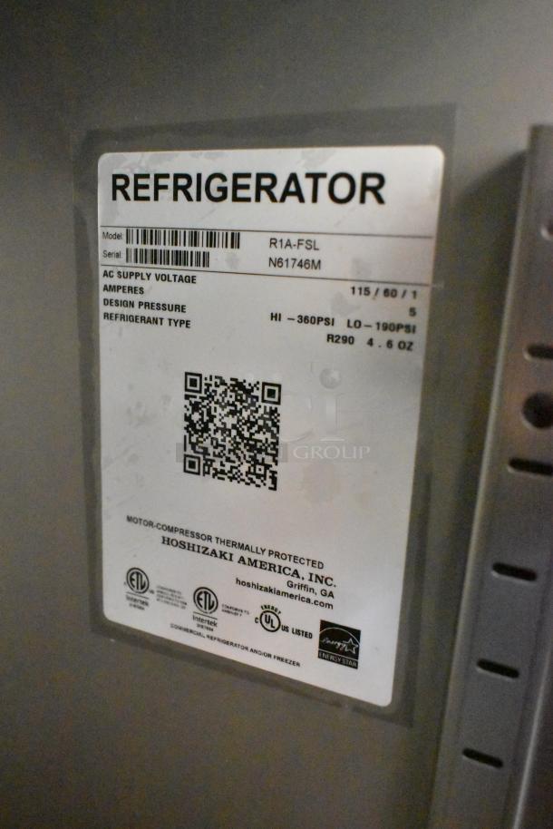Label for Hoshizaki R1A-FSL Cooler showing model, voltage (115V), phase (1), refrigerant type (R290), and safety certifications.