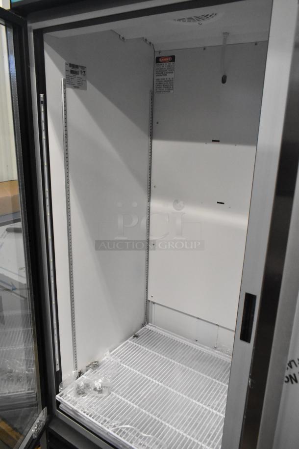 Brand new Hoshizaki RM-26-HC-L commercial single door reach-in cooler, 115 Volts, 1 Phase, interior view.