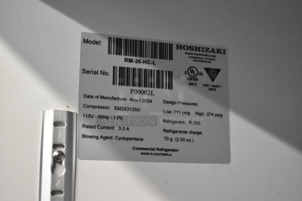 Label for Hoshizaki RM-26-HC-L cooler; 115V, 1 Ph, manufactured Nov 2024. Specifications include R-290 refrigerant, 3.2 A current.