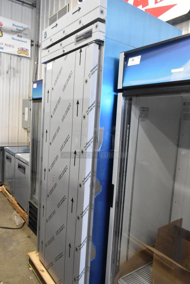 Brand new 2026 Hoshizaki RN1A-FS commercial single door reach-in cooler, 115V, 1 phase, with protective wrapping, model label visible.