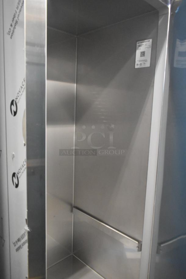 Brand new Hoshizaki RN1A-FS commercial single door cooler, 115V, 1 phase. Interior view showing stainless steel finish.