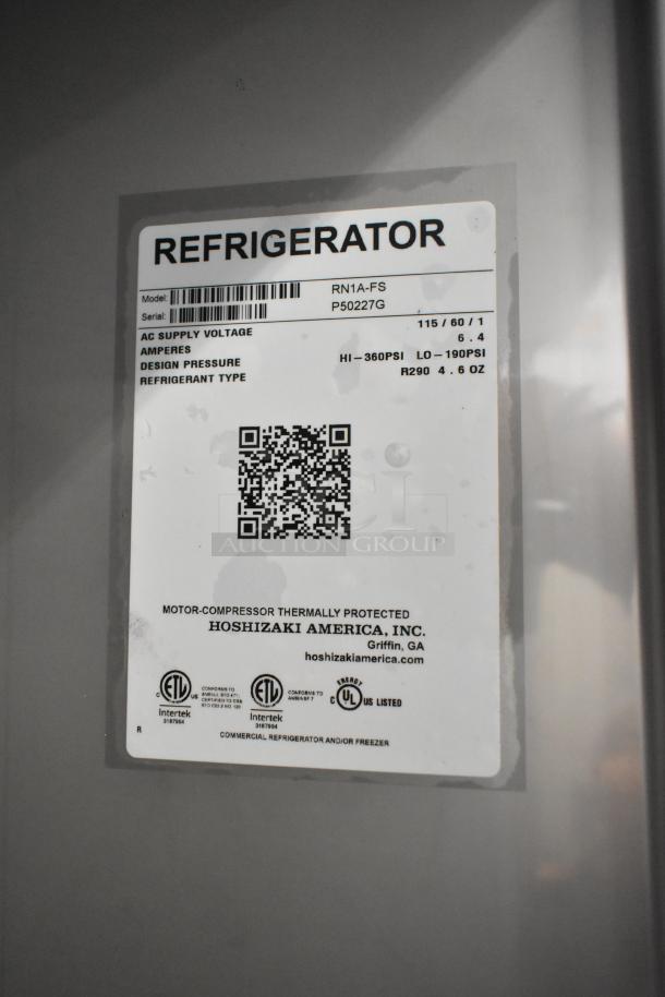 Brand new 2026 Hoshizaki RN1A-FS commercial reach-in cooler label. 115 volts, 1 phase, model RN1A-FS, serial P50227G.