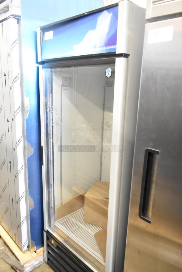 Brand new 2023 Hoshizaki RM-26-HC-L commercial single door reach-in cooler with casters, glass door, and 115 volts.
