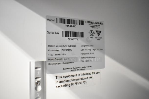 Hoshizaki RM-26-HC label showing model, serial number, 115V, 1 Phase, R-290 refrigerant, and Oct 2023 manufacture date.