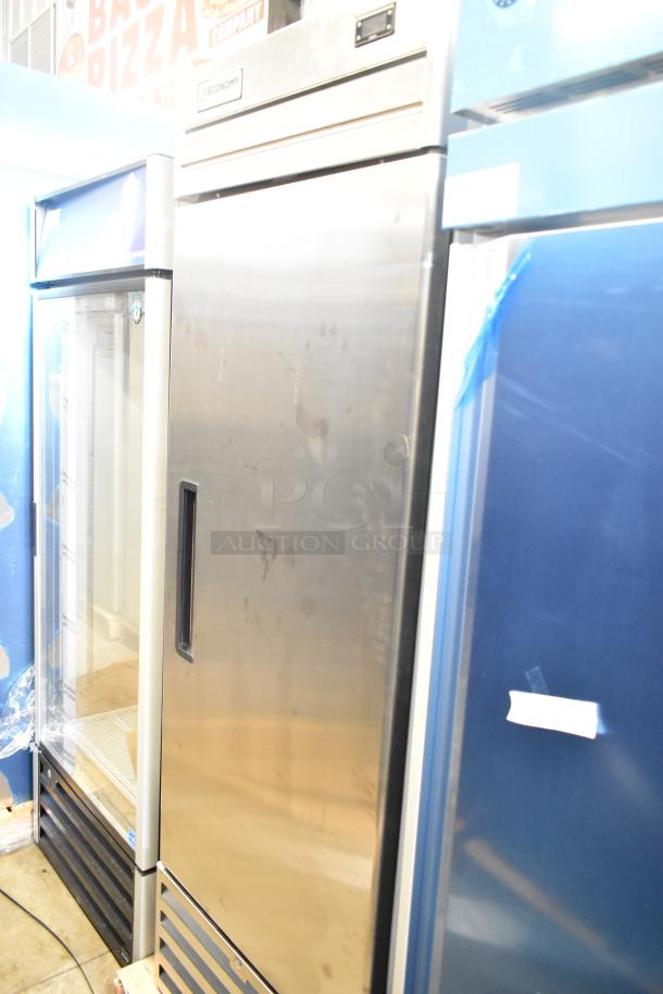 Brand new 2025 Hoshizaki ER1A-FS single door reach-in cooler with commercial casters, 115V, 1 phase, in stainless steel.