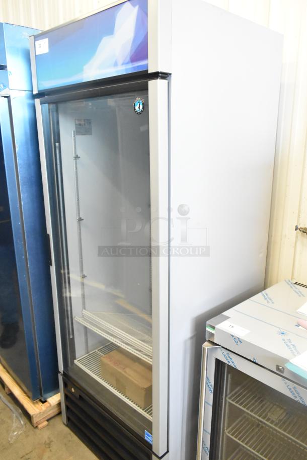 Brand new 2024 Hoshizaki RM-26-HC-L single door reach-in cooler merchandiser, 115V, with glass door and shelves.