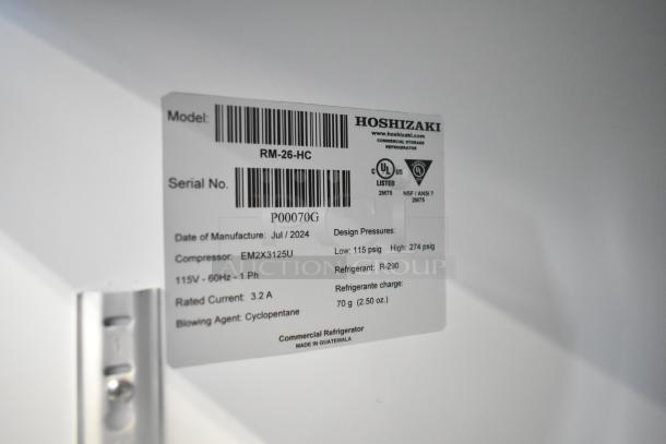 Hoshizaki RM-26-HC Commercial Cooler label, showing model, serial number, manufacturing date, specifications, and certifications.