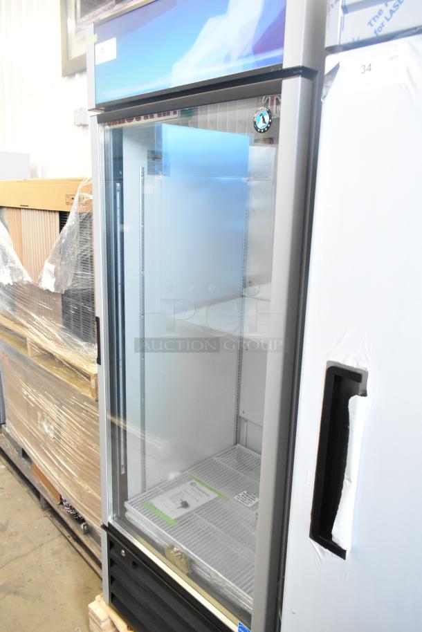 Brand new 2024 Hoshizaki RM-26-HC-L single door reach-in cooler merchandiser, 115V, 1 phase, glass-front display.