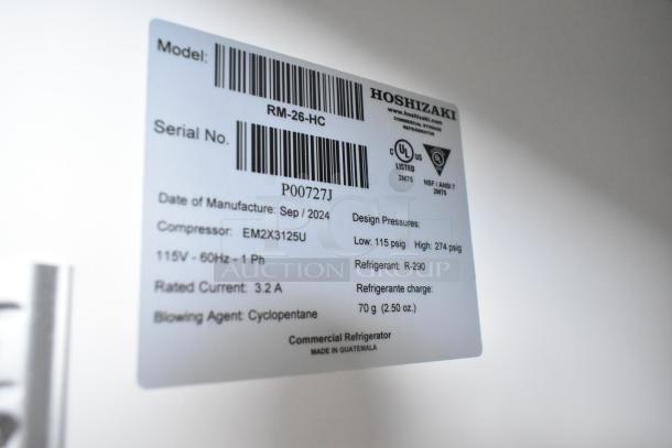 Label of brand new 2024 Hoshizaki RM-26-HC-L cooler, 115V, 1 phase. Includes serial number, compressor type, and manufacture details.