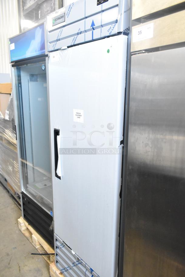 Brand new 2024 Hoshizaki EF1A-FS commercial single door reach-in freezer, 115V, 1 phase, with protective liner visible.