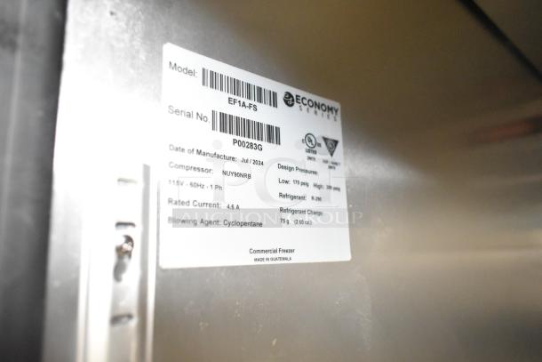 Hoshizaki EF1A-FS Commercial Freezer tag; model EF1A-FS, 115V, 1 phase, R-290 refrigerant, made in Guatemala, July 2024.