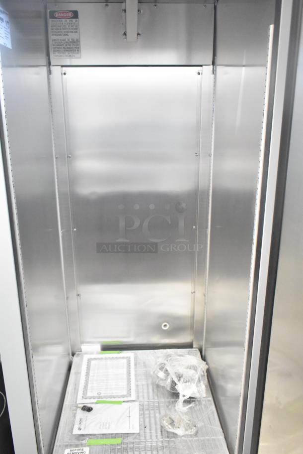 Brand new 2024 Hoshizaki EF1A-FS commercial single door reach-in freezer, 115 volts, 1 phase, with interior labels.