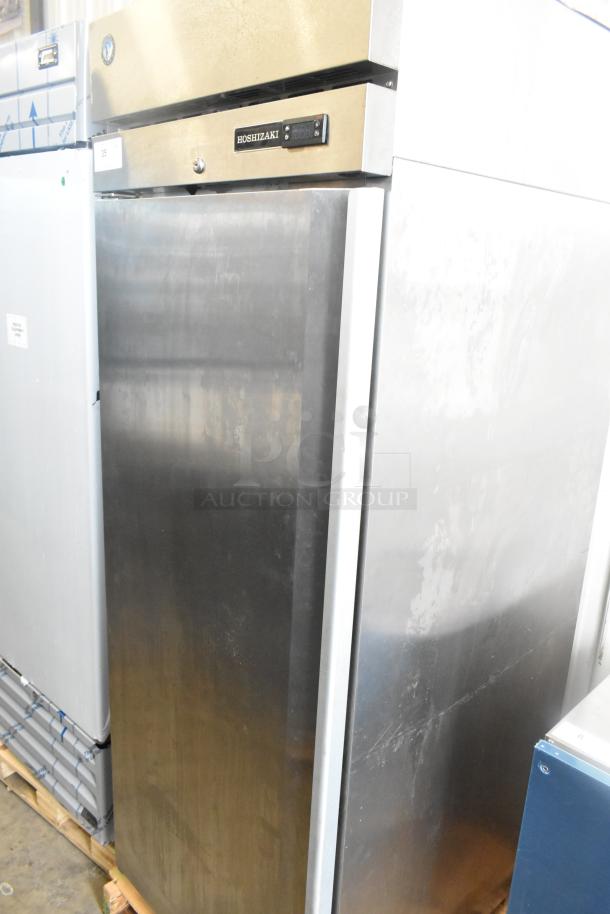 Brand new Hoshizaki F1A-FSL commercial single door reach-in freezer with casters, 115 volts, 1 phase.