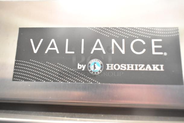 Alt text: "New Hoshizaki VR1A-FS Valiance commercial single door cooler label, 115V, 1 phase, featuring brand logo."
