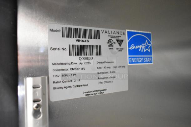 Hoshizaki VR1A-FS cooler label showing serial Q00080D, Energy Star logo, 115V specs, and April 2025 manufacture date.