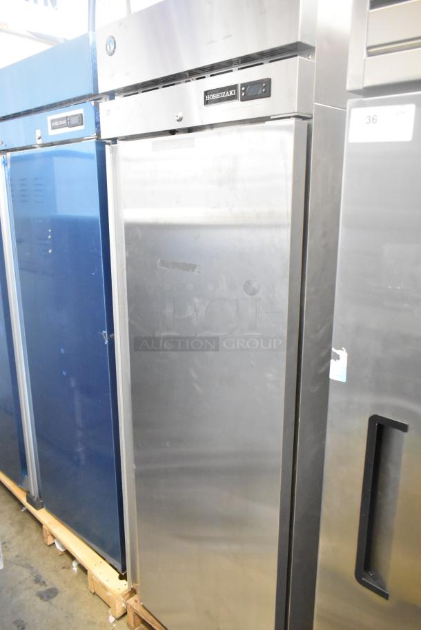 Brand new 2025 Hoshizaki R1A-FS commercial single door reach-in cooler, 115 volts, 1 phase, stainless steel finish.