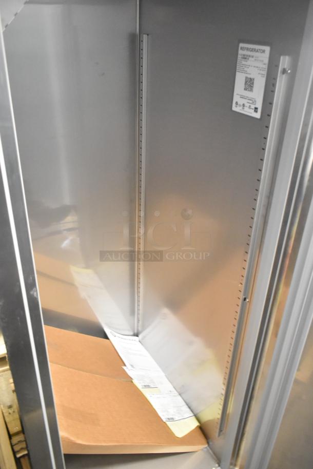 BRAND NEW 2025 Hoshizaki R1A-FS Commercial Cooler; single door, reach-in, 115V, 1 Phase. Interior view with labels.