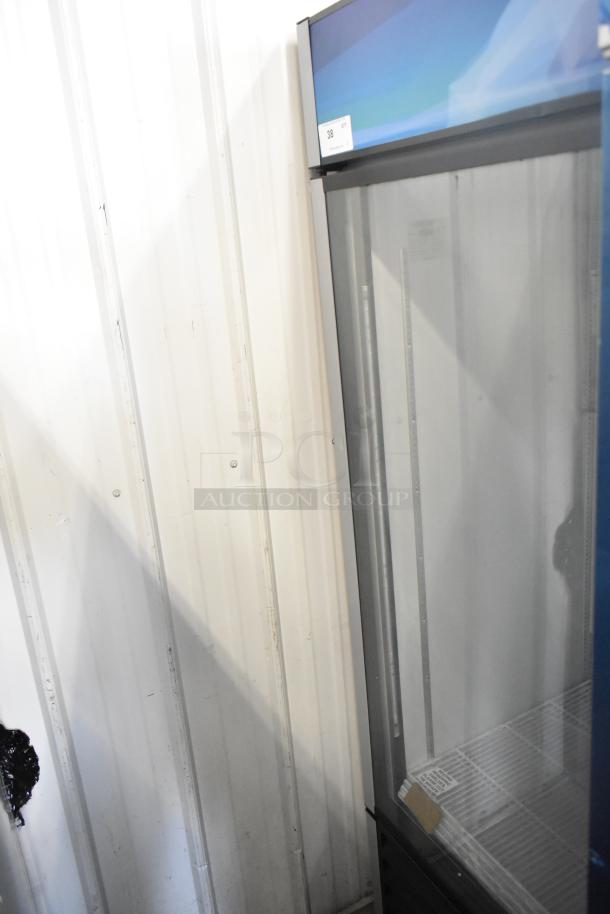 Brand new Hoshizaki RM-26-HC-L commercial single door cooler, 115V, 1-phase, glass door, blue top, excellent condition.