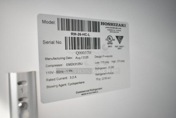 Label of a Hoshizaki RM-26-HC-L commercial cooler. Details include manufacturing date August 2025, compressor EM2X3125U, made in Guatemala.
