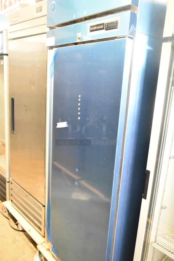 Brand new 2024 Hoshizaki R1A-FS commercial single door reach-in cooler, 115V, 1 phase, blue exterior, with Hoshizaki logo.