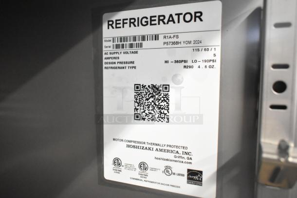 Brand new 2024 Hoshizaki R1A-FS commercial single door cooler label. Features include 115V, 1 Phase, Energy Star.