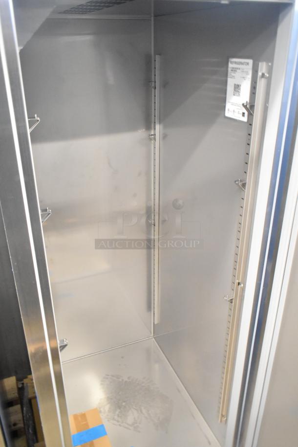 Brand new 2024 Hoshizaki R1A-FS commercial reach-in cooler, stainless interior, 115V, 1 phase, adjustable shelving included.