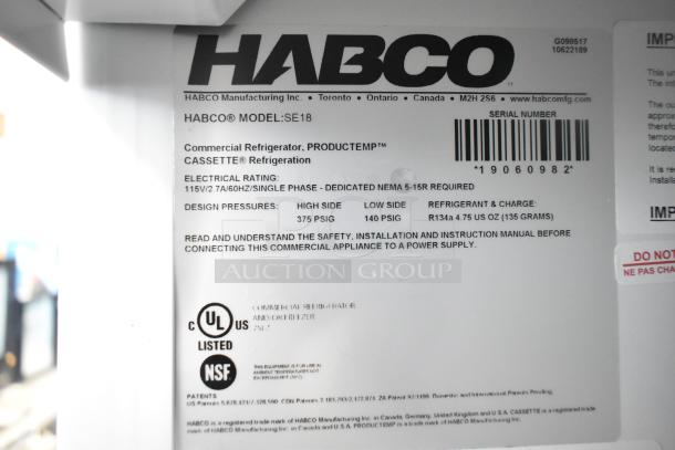 Label on 2019 Habco SE18 Commercial Cooler. Model SE18, 115V, 1 phase, UL and NSF listed, uses R134a refrigerant.