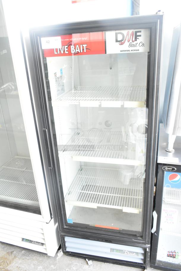 2017 True GDM-12-HC-LD commercial single door reach-in cooler; features glass door, 115V, 1 phase; "LIVE BAIT" label.