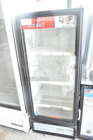 2017 True GDM-12-HC-LD commercial single door reach-in cooler; features glass door, 115V, 1 phase; "LIVE BAIT" label.