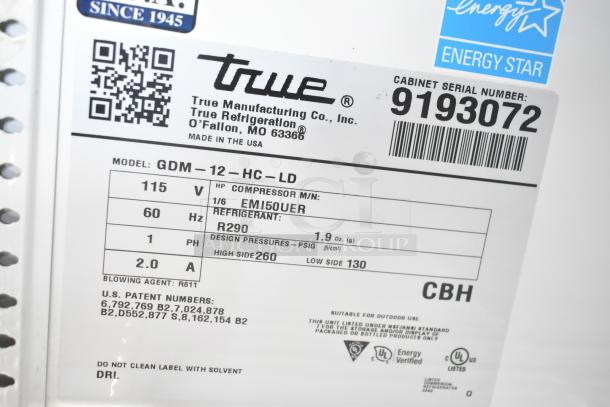 2017 True GDM-12-HC-LD cooler label, 115V, 1 phase, R290 refrigerant, Energy Star rated, serial 9193072.
