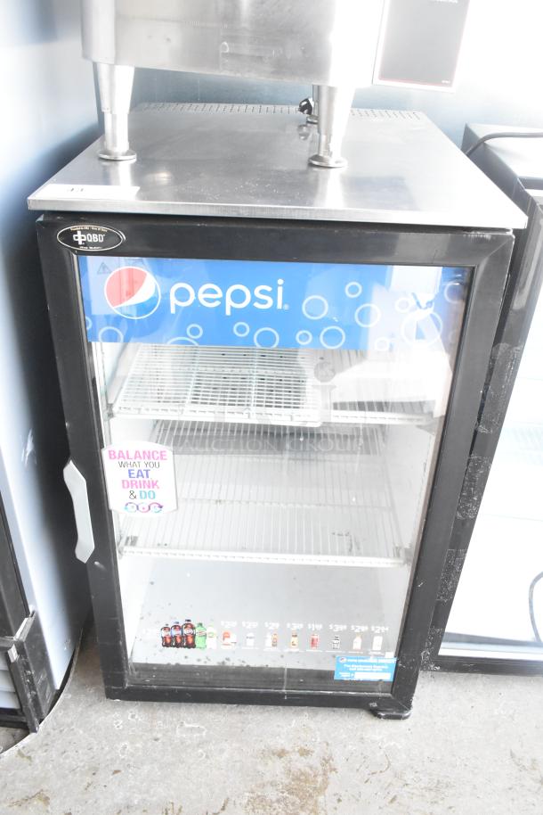 QBD DC6LP Commercial Single Door Mini Cooler Merchandiser, Pepsi design, 115V, 1 Phase, branded decal, clean interior.