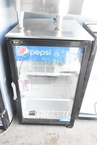 QBD DC6LP Commercial Single Door Mini Cooler Merchandiser, Pepsi design, 115V, 1 Phase, branded decal, clean interior.