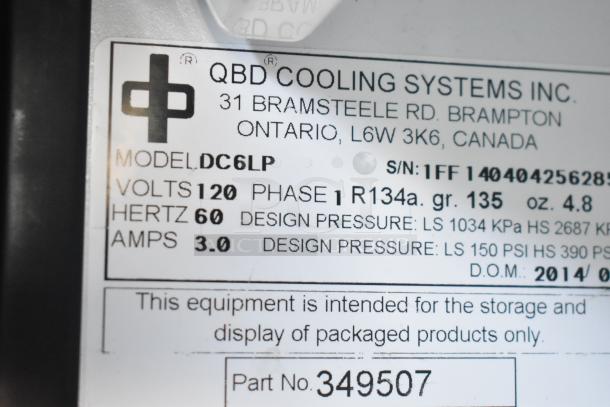 QBD DC6LP Commercial Mini Cooler Merchandiser, 115V, 1 Phase, Model DC6LP label with technical specifications.