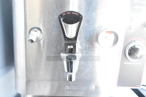 Cecilware ME15EN commercial water heater, stainless steel, 120V, single-phase, with temperature control and "Do Not Serve" label.