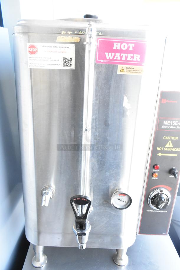 Cecilware ME15EN Commercial Water Heater, 120V, 1 Phase, stainless steel, temperature control knob, caution labels visible.
