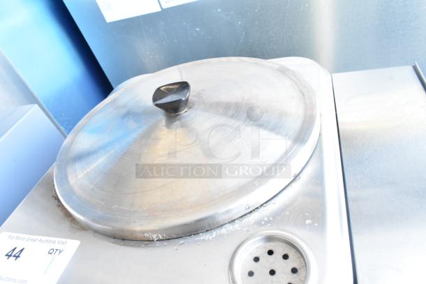 Cecilware ME15EN Commercial Water Heater, stainless steel, 120V, 1 Phase, with lid and vented holes, minor wear visible.