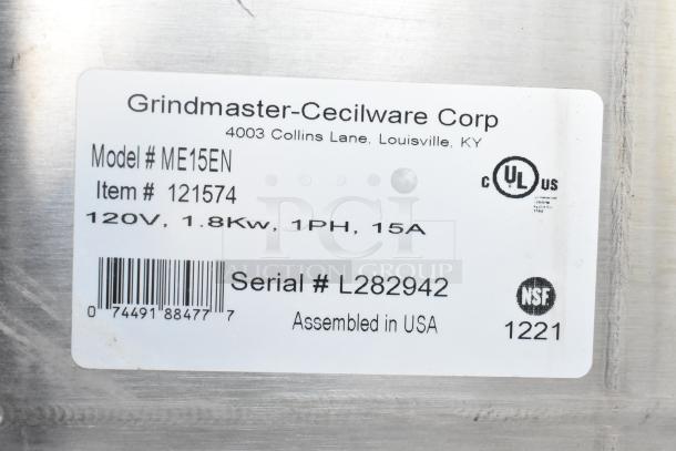 Cecilware ME15EN commercial water heater label, 120V, 1.8Kw, 1PH, 15A, serial L282942, NSF certified, assembled in USA.