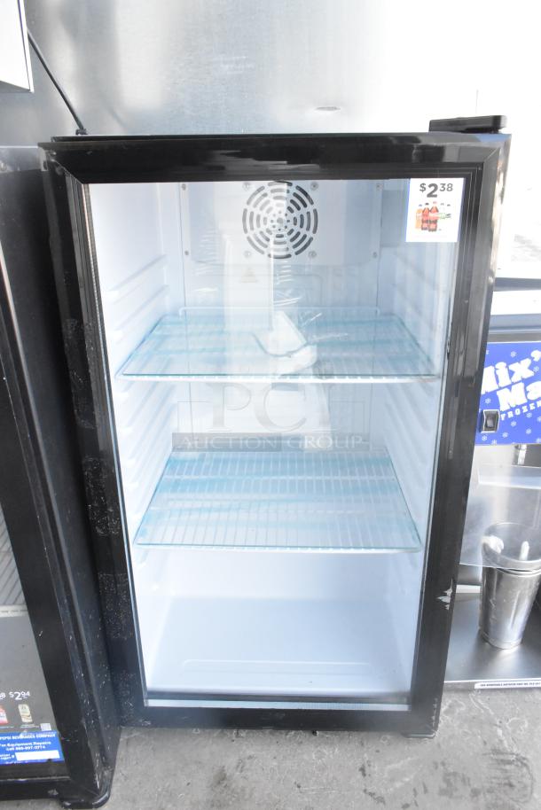 SC98 Commercial Single Door Mini Cooler Merchandiser, Model SC98, 115 Volts, 1 Phase, features glass shelves, in excellent condition.