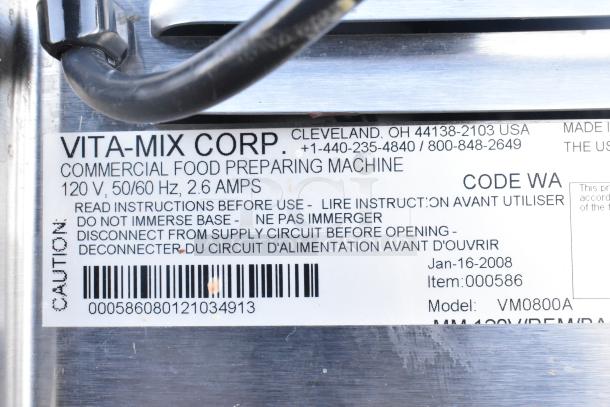 Vita-Mix VM0800A Commercial Frozen Drink Mixer, 120V, 1 Phase. Label shows specs and caution; model is VM0800A.