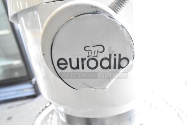 Eurodib M40A logo on 2024 commercial 40-quart planetary dough mixer. Features metal bowl, guard, dough hook, paddle, whisk.