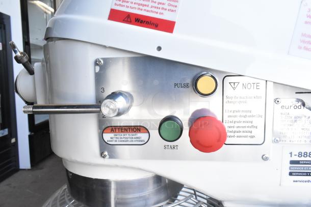 Eurodib M40A 40 Quart Dough Mixer control panel, featuring pulse, start, and speed settings. Warning and note labels visible.