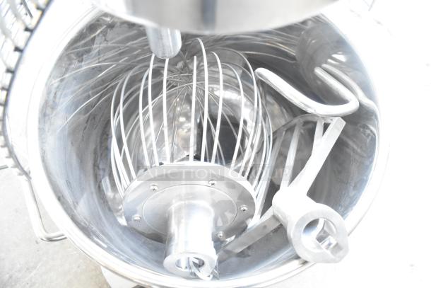 2024 Eurodib M40A commercial 40-quart mixer with metal bowl, whisk, paddle, and dough hook in new condition.