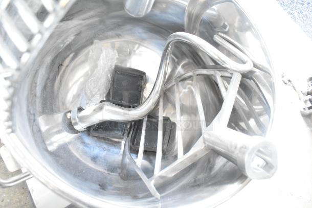 Eurodib M40A 40 Qt Planetary Dough Mixer with metal bowl, bowl guard, dough hook, paddle, and whisk attachments.