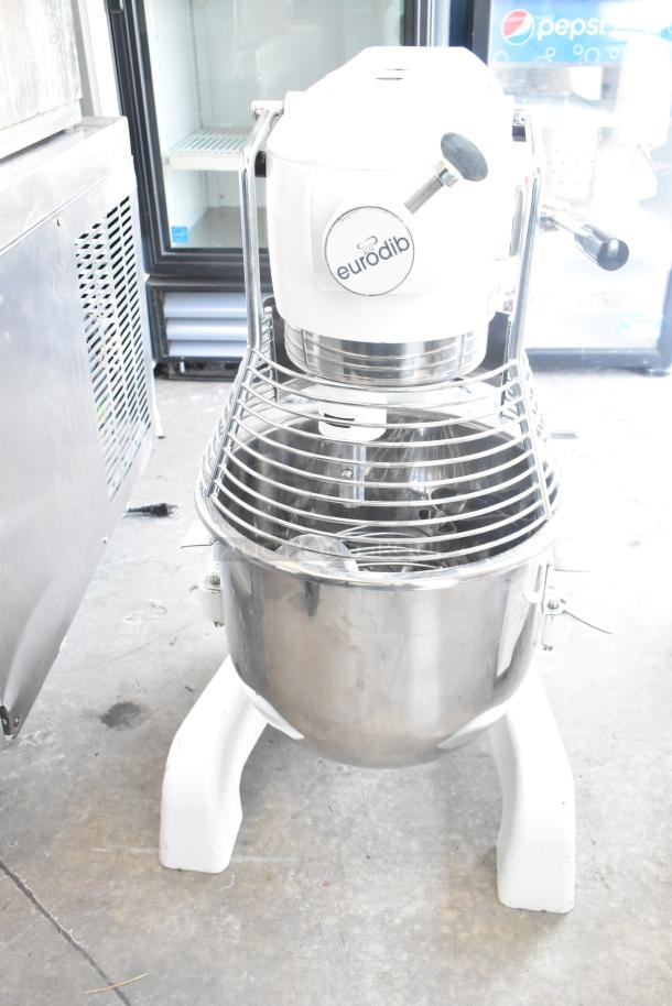 Eurodib M20A 20 Qt planetary dough mixer with metal bowl, bowl guard, dough hook, and whisk. 120V, 1 phase, excellent condition.