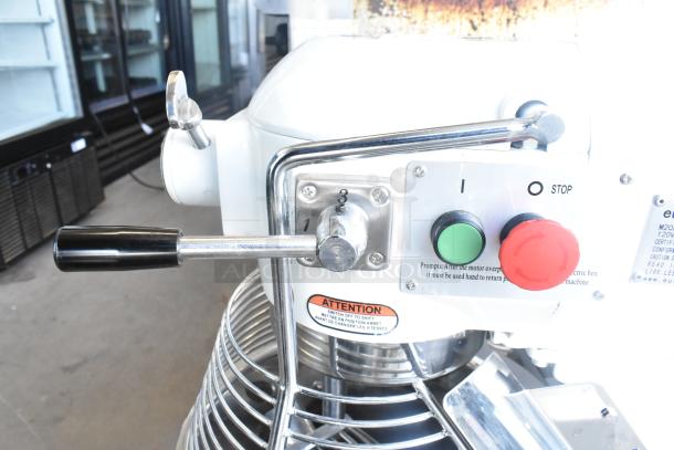 Eurodib M20A 20 Quart Dough Mixer, metal bowl, guard, dough hook, and whisk. Speed dial, safety labels, 120V, 1-phase.