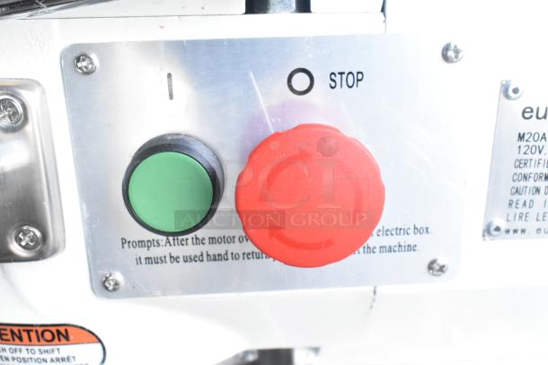 Control panel of a Eurodib M20A 20 Quart Planetary Dough Mixer, featuring start and stop buttons.