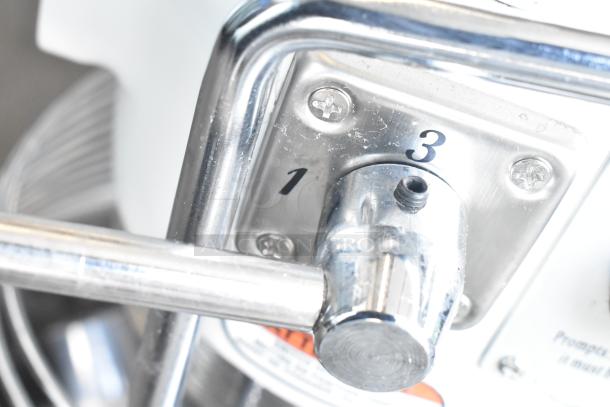 2024 Eurodib M20A 20 Quart Planetary Dough Mixer control dial, showing speed settings 1 to 3, in stainless steel finish.