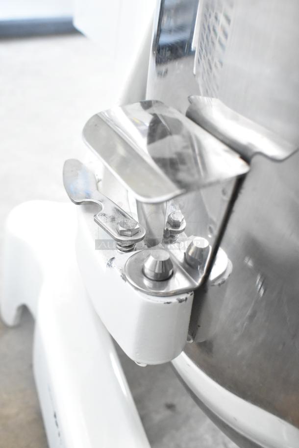 2024 Eurodib M20A 20 Quart Planetary Dough Mixer, metal bowl, bowl guard, close-up of mixing attachment, 120V, 1 Phase.