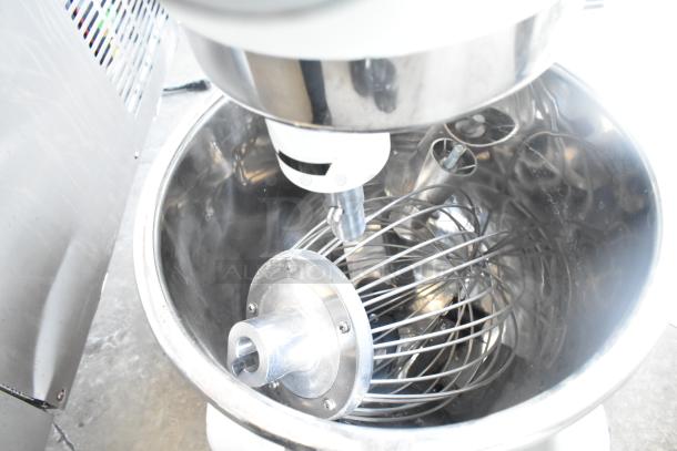 Eurodib M20A 20 Quart Planetary Dough Mixer with metal bowl, bowl guard, dough hook, and whisk. 120V, 1 Phase.