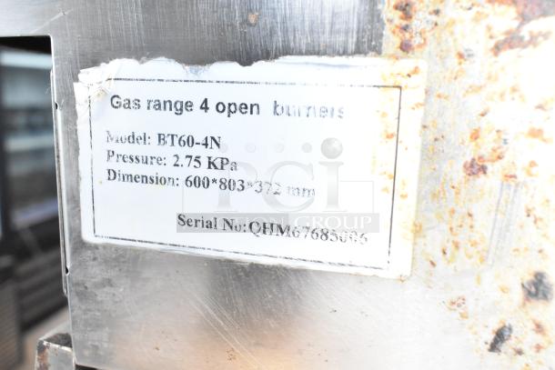 BT60-4N Commercial Gas Range, 4 burners, pressure 2.75 KPa, dimensions 600x803x372mm, visible wear, serial QHM67685006.